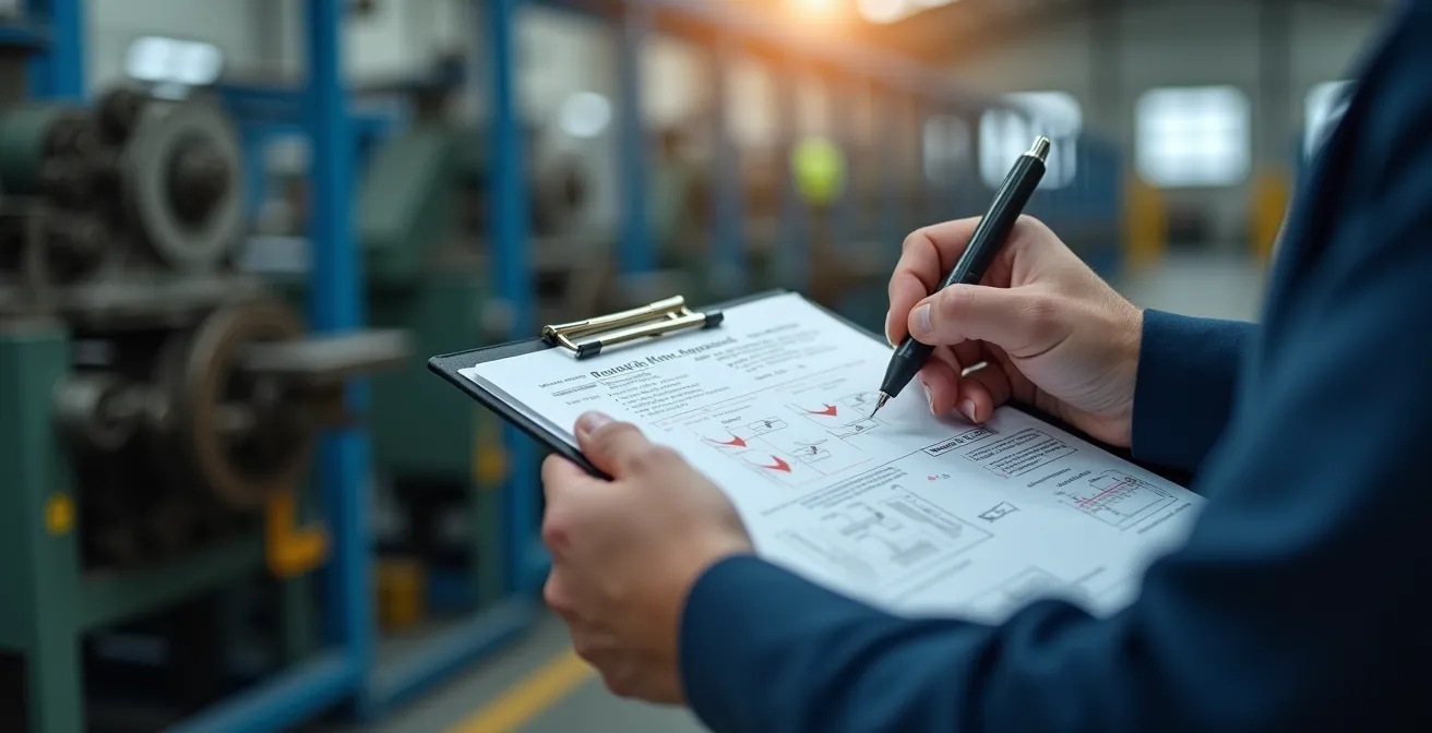 Professionnel analysant méthodiquement les risques à son poste de travail