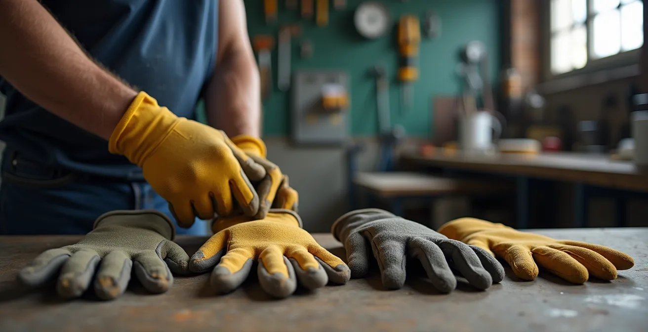 Main d'opérateur manipulant des échantillons de gants avec différents niveaux de protection