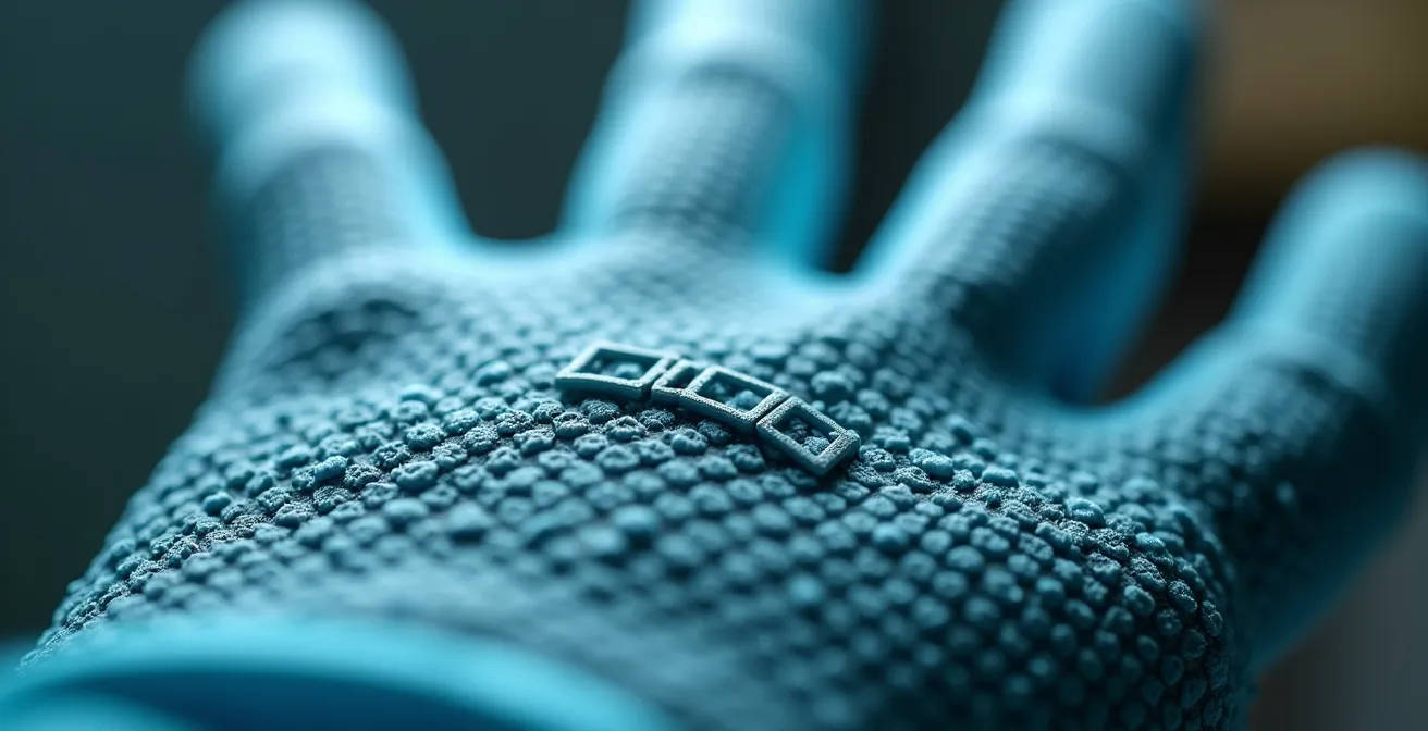 Examen au microscope du marquage CE et du numéro d'organisme notifié sur un gant