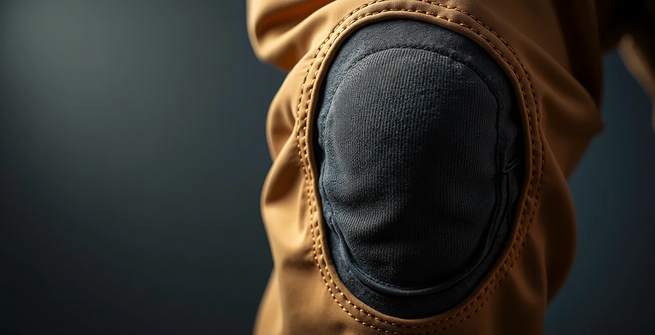 Détail macro sur les coutures renforcées d'un pantalon de travail professionnel montrant la qualité de fabrication