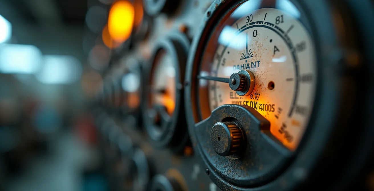 Détail macro d'un compteur électrique montrant les textures et matériaux