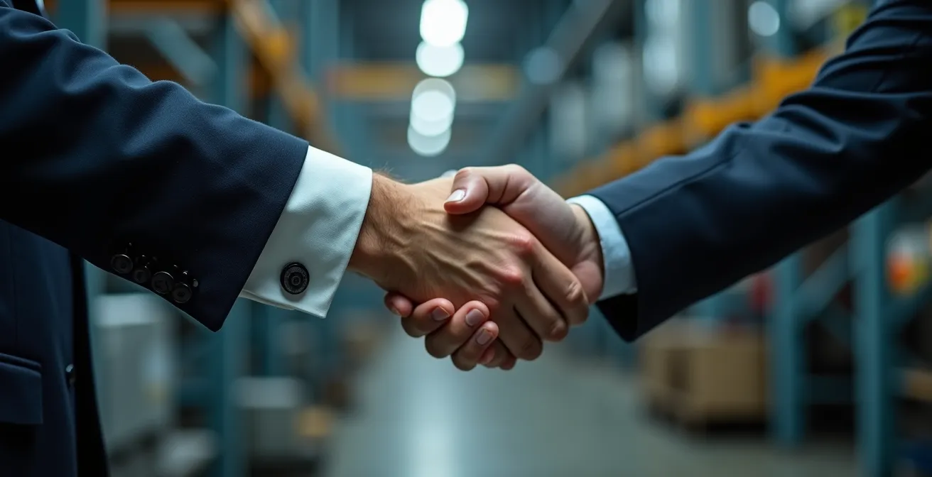 Poignée de main entre dirigeants d'entreprise dans un environnement industriel