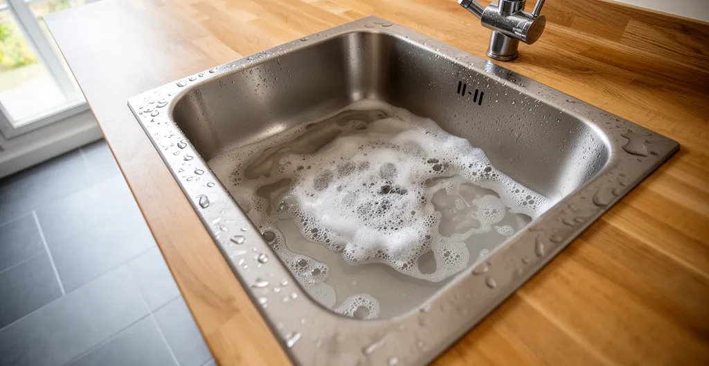 Évier de cuisine en inox avec eau stagnante et mousse savonneuse