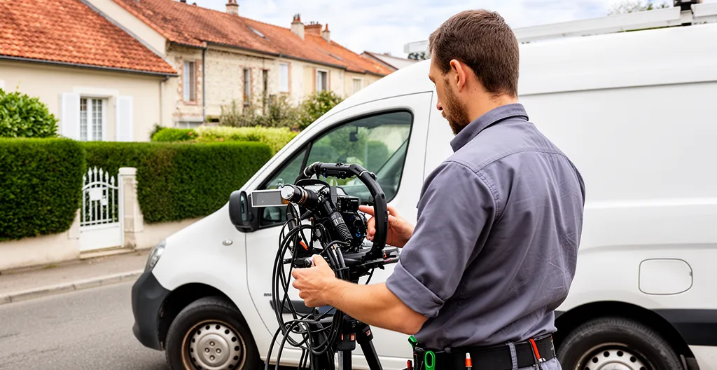 Technicien vu de dos préparant équipement caméra endoscopique près de camionnette