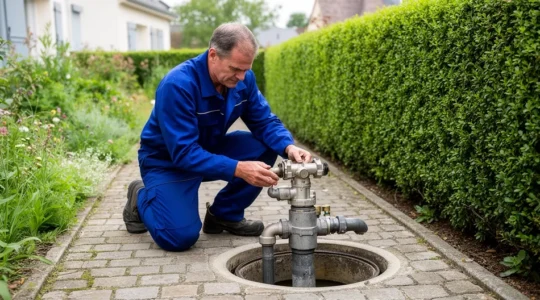 Technicien en tenue de travail manipulant équipement haute pression près d'un regard de canalisation