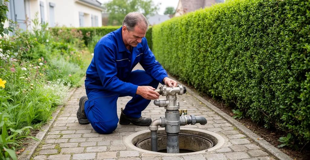 Technicien en tenue de travail manipulant équipement haute pression près d'un regard de canalisation