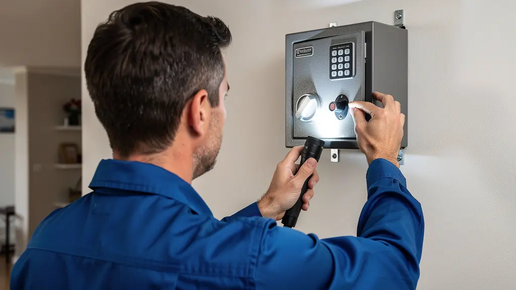 Serrurier vérifiant la fixation murale d'un coffre-fort certifié