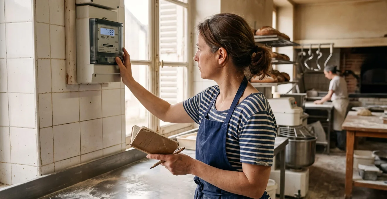 Une boulangère relève sa consommation d'électricité sur un compteur dans son atelier.