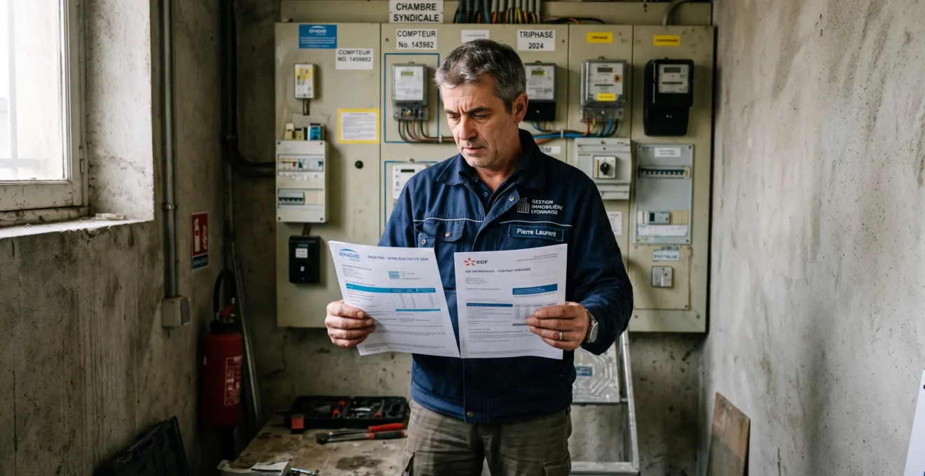 Un gestionnaire de bâtiment compare deux contrats d'énergie devant un local technique.