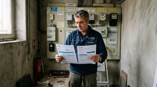 Un gestionnaire de bâtiment compare deux contrats d'énergie devant un local technique.