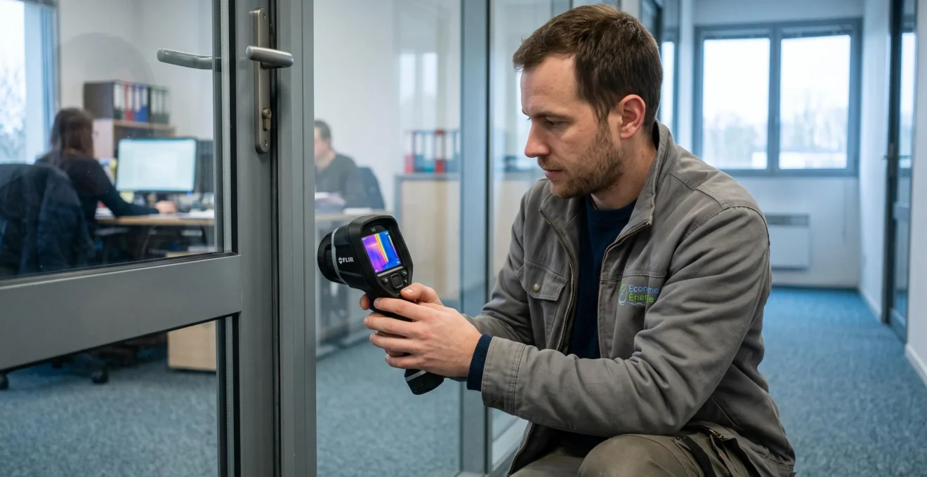 Un technicien contrôle l'isolation d'une porte vitrée avec une caméra thermique dans un bureau.